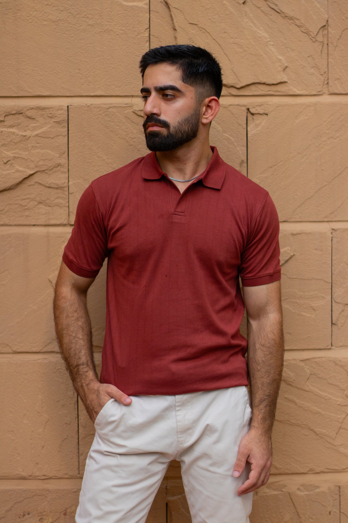Rust Knitted Drop-Needle V-Neck Polo