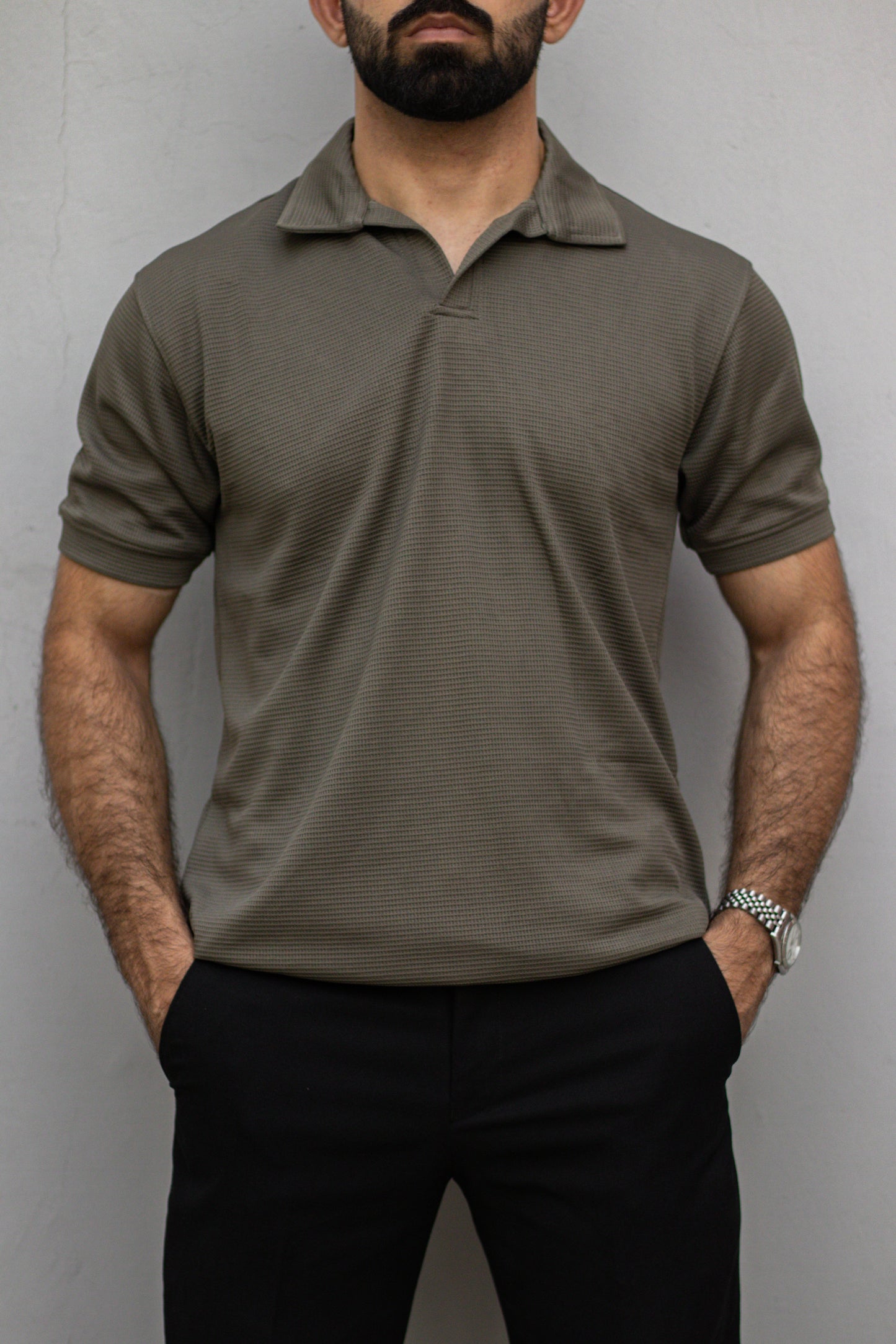 Olive Green Waffle Knit V-Neck Polo