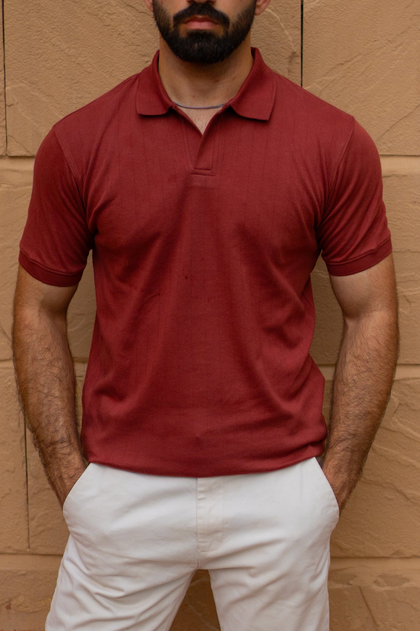 Rust Knitted Drop-Needle V-Neck Polo