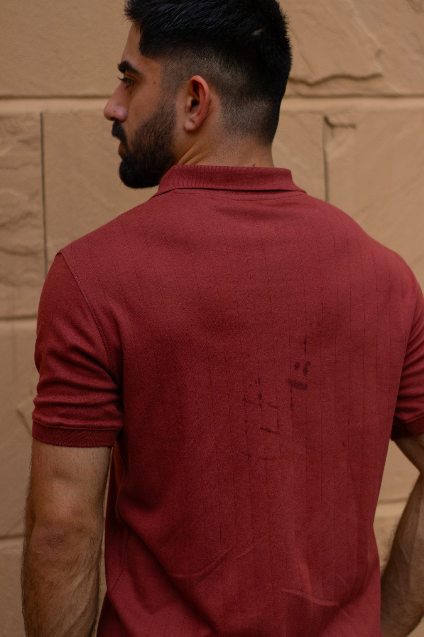 Rust Knitted Drop-Needle V-Neck Polo