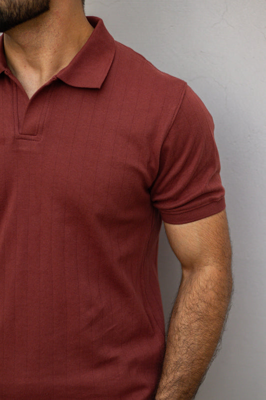 Rust Knitted Drop-Needle V-Neck Polo