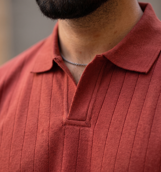 Rust Knitted Drop-Needle V-Neck Polo