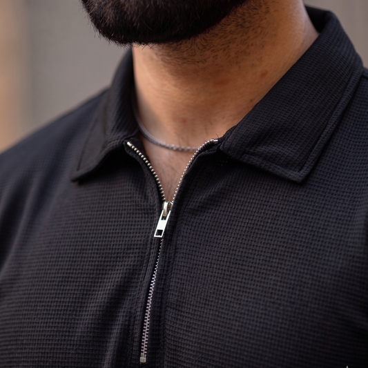 Black Waffle Knit Zipper Polo