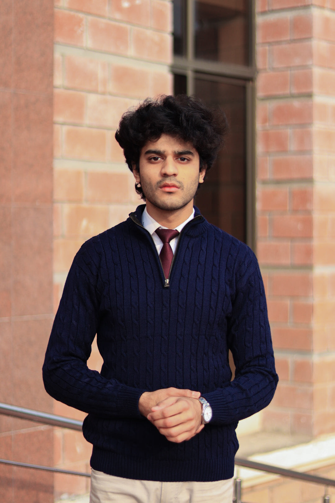 Navy-Blue Cable-Knit Quarter-Zip Sweater