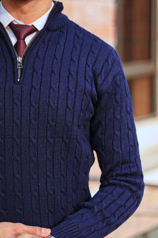 Navy-Blue Cable-Knit Quarter-Zip Sweater