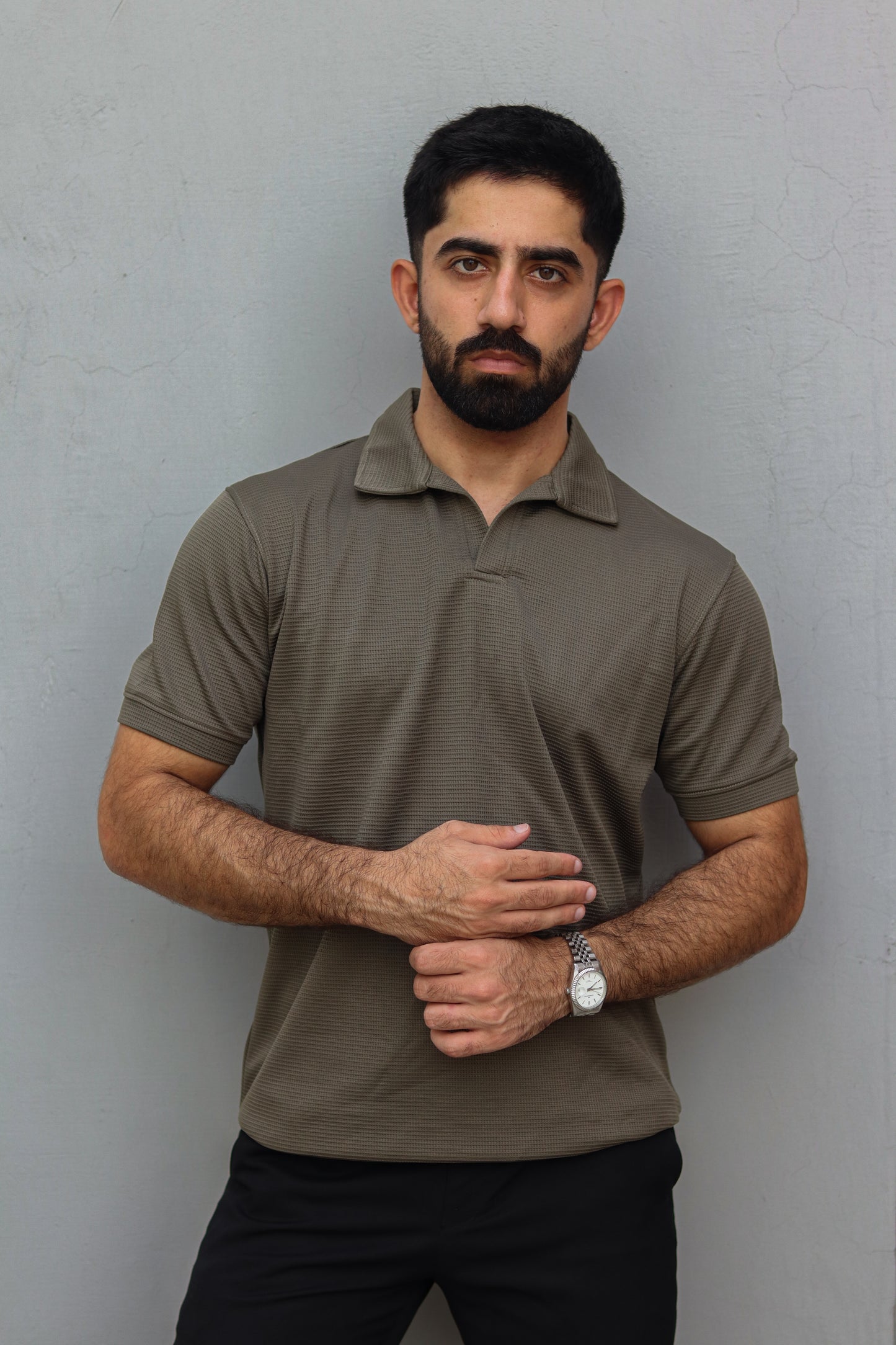 Olive Green Waffle Knit V-Neck Polo