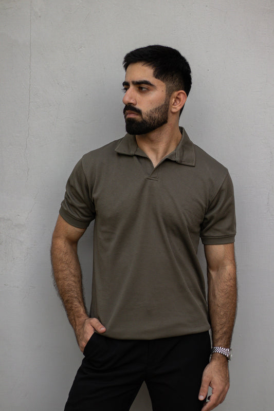 Olive Green Waffle Knit V-Neck Polo