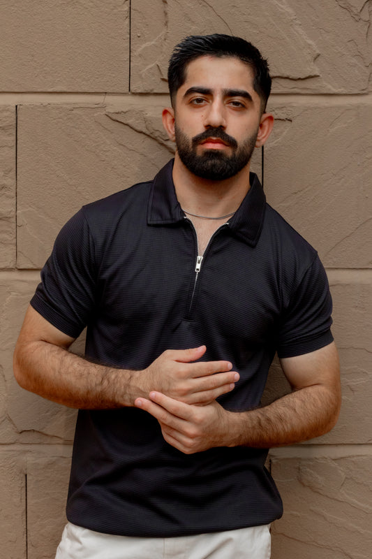 Black Waffle Knit Zipper Polo