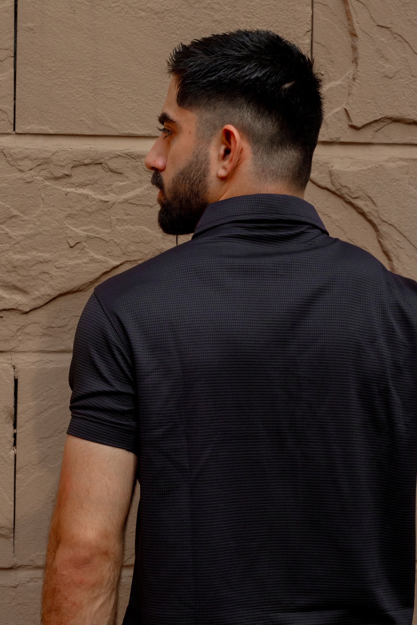 Black Waffle Knit Zipper Polo
