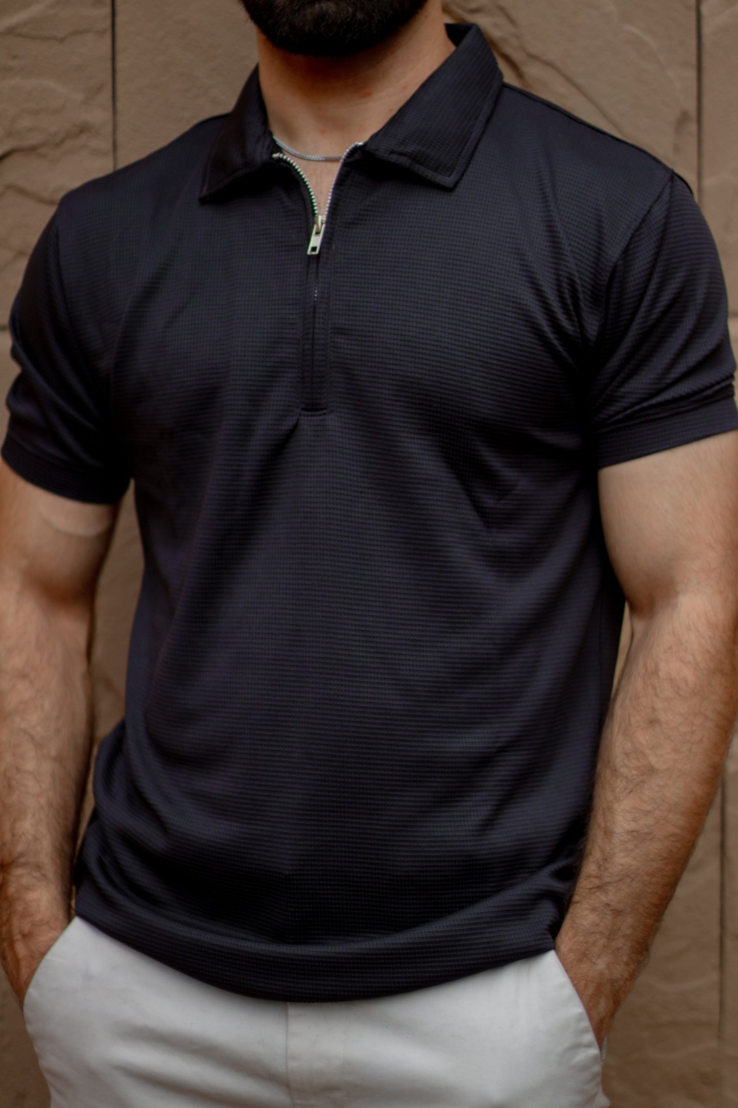 Black Waffle Knit Zipper Polo