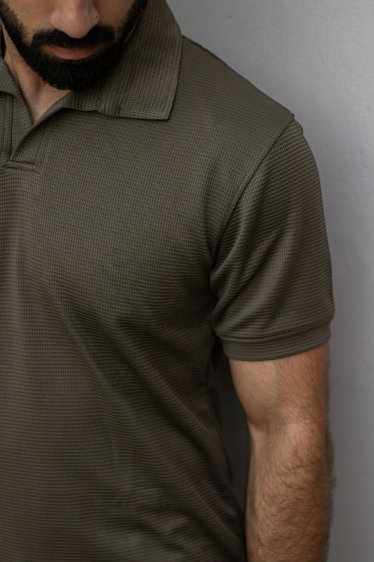 Olive Green Waffle Knit V-Neck Polo