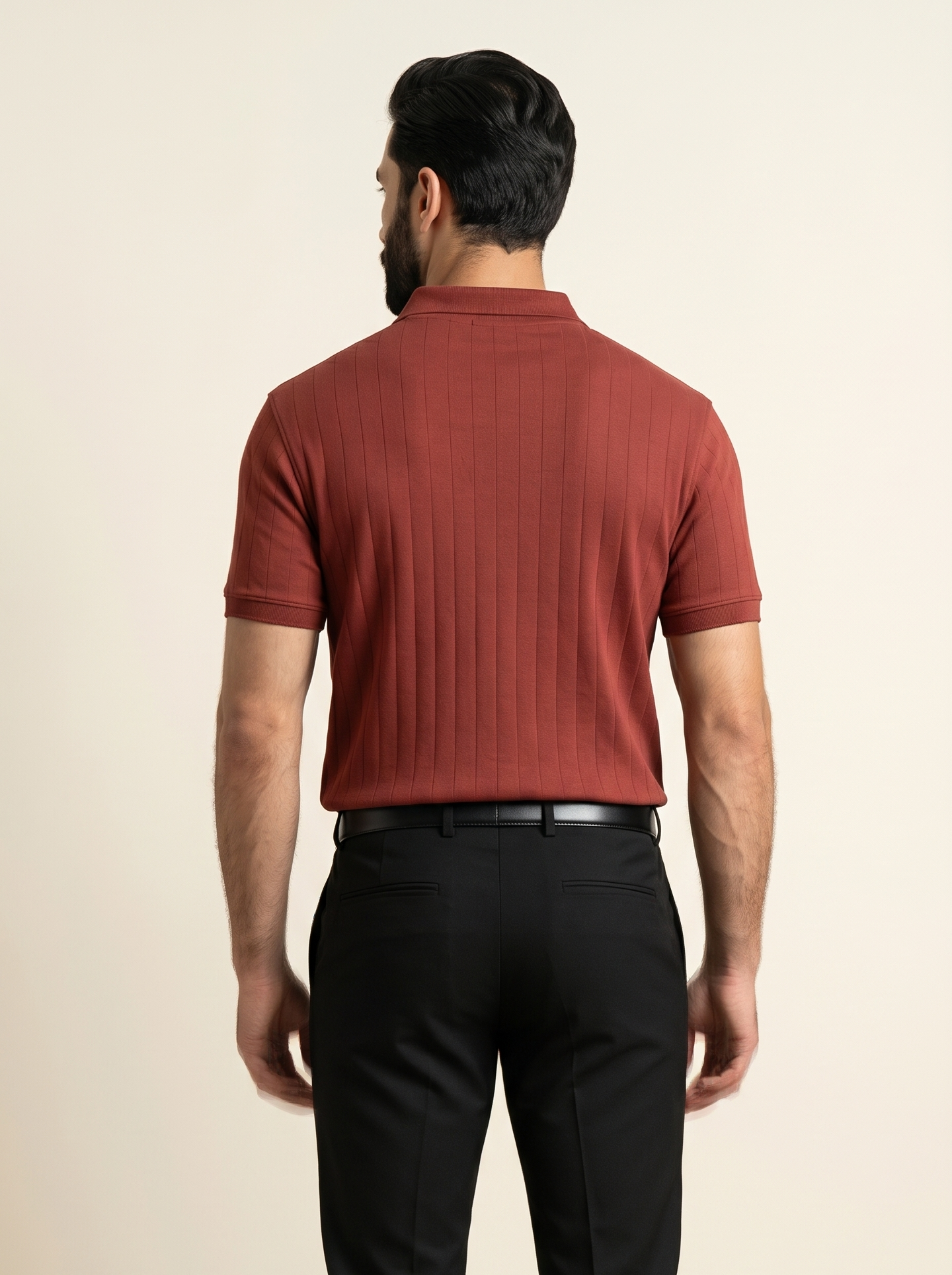 Rust Knitted Drop-Needle V-Neck Polo