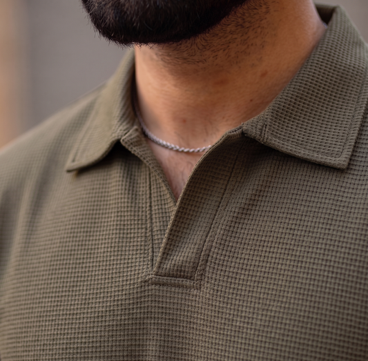 Olive Green Waffle Knit V-Neck Polo