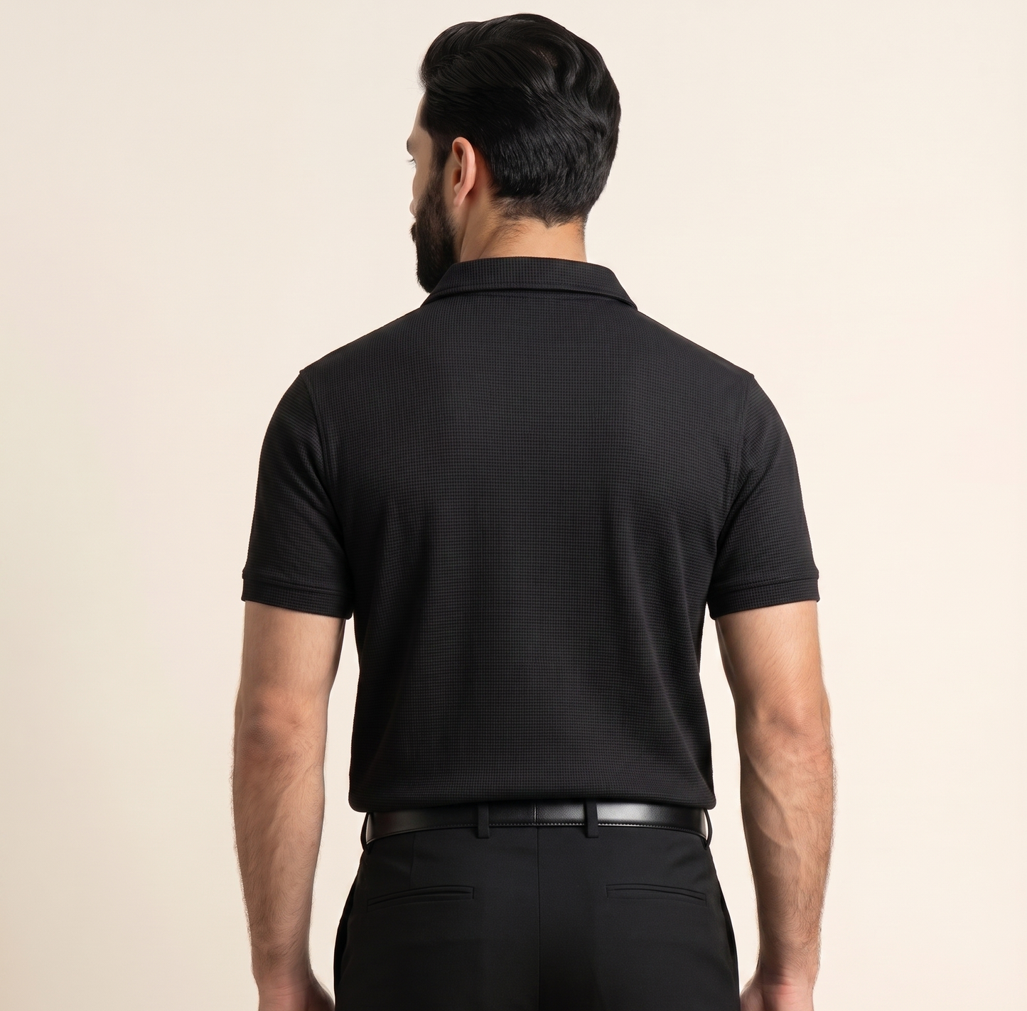 Black Waffle Knit Zipper Polo