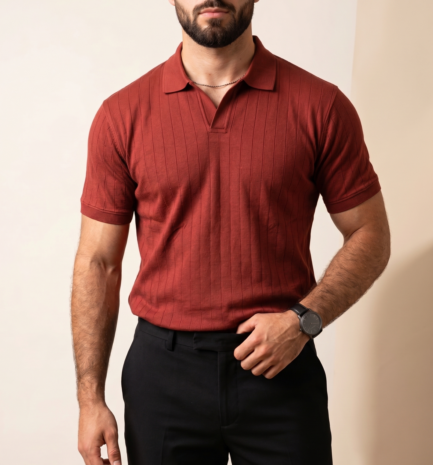 Rust Knitted Drop-Needle V-Neck Polo