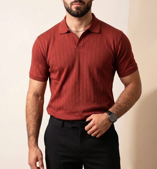 Rust Knitted Drop-Needle V-Neck Polo