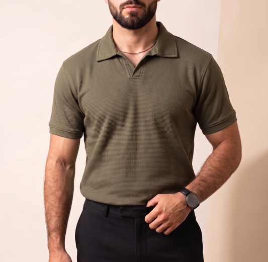 Olive Green Waffle Knit V-Neck Polo