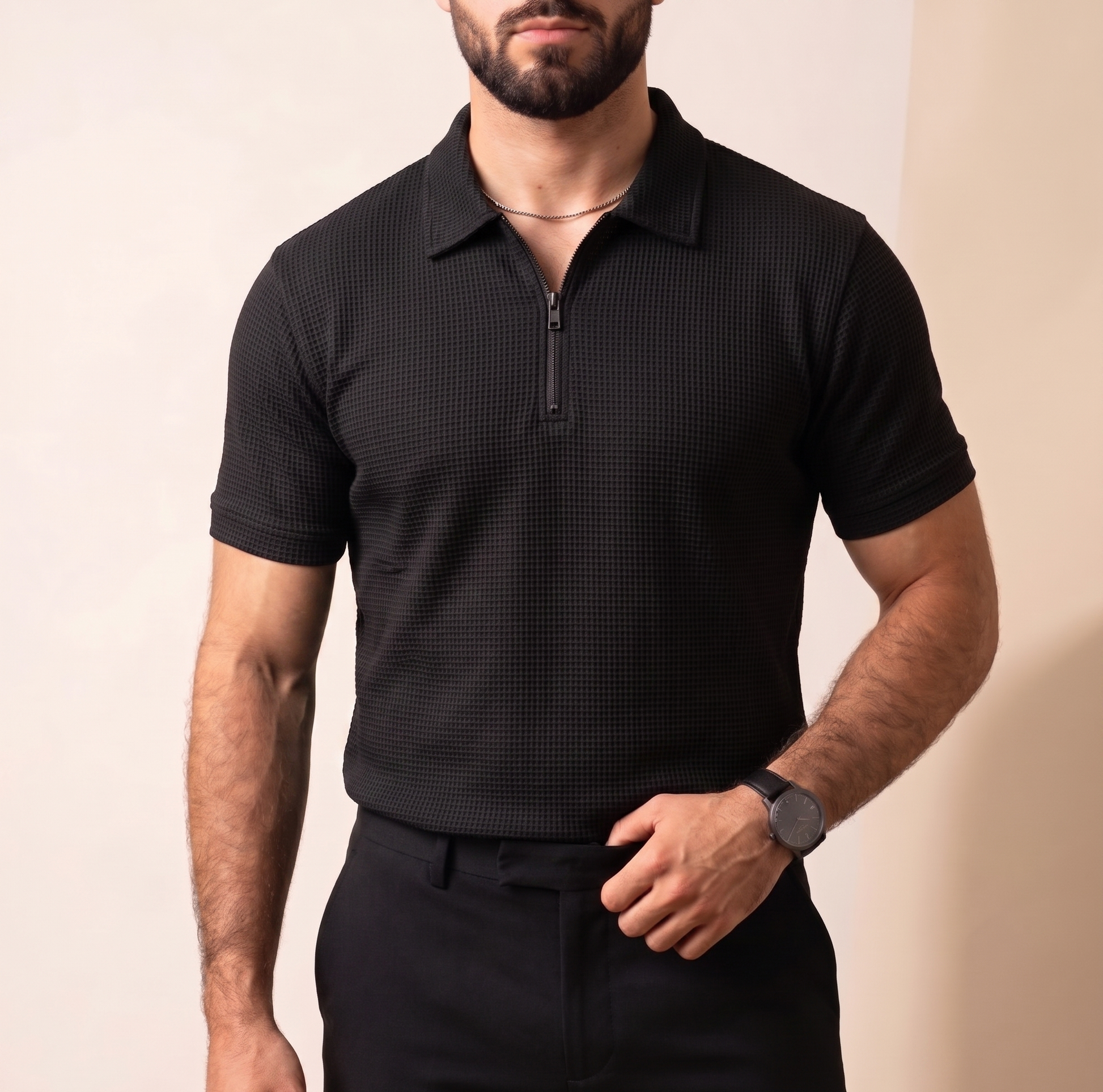 Black Waffle Knit Zipper Polo – VÉLARO Black Waffle Knit Zipper Polo – VÉLARO