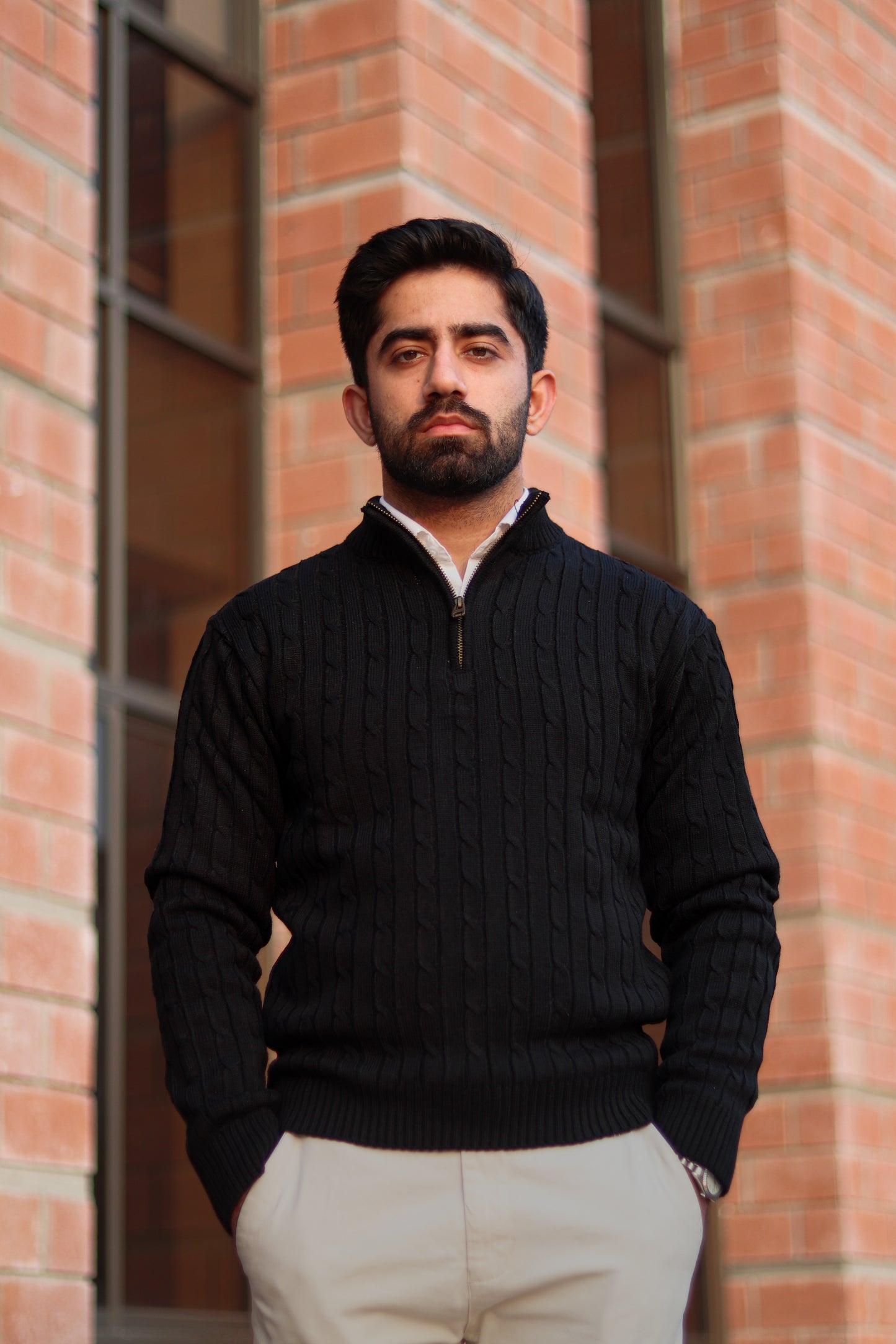 Black Cable-Knit Quarter-Zip Sweater