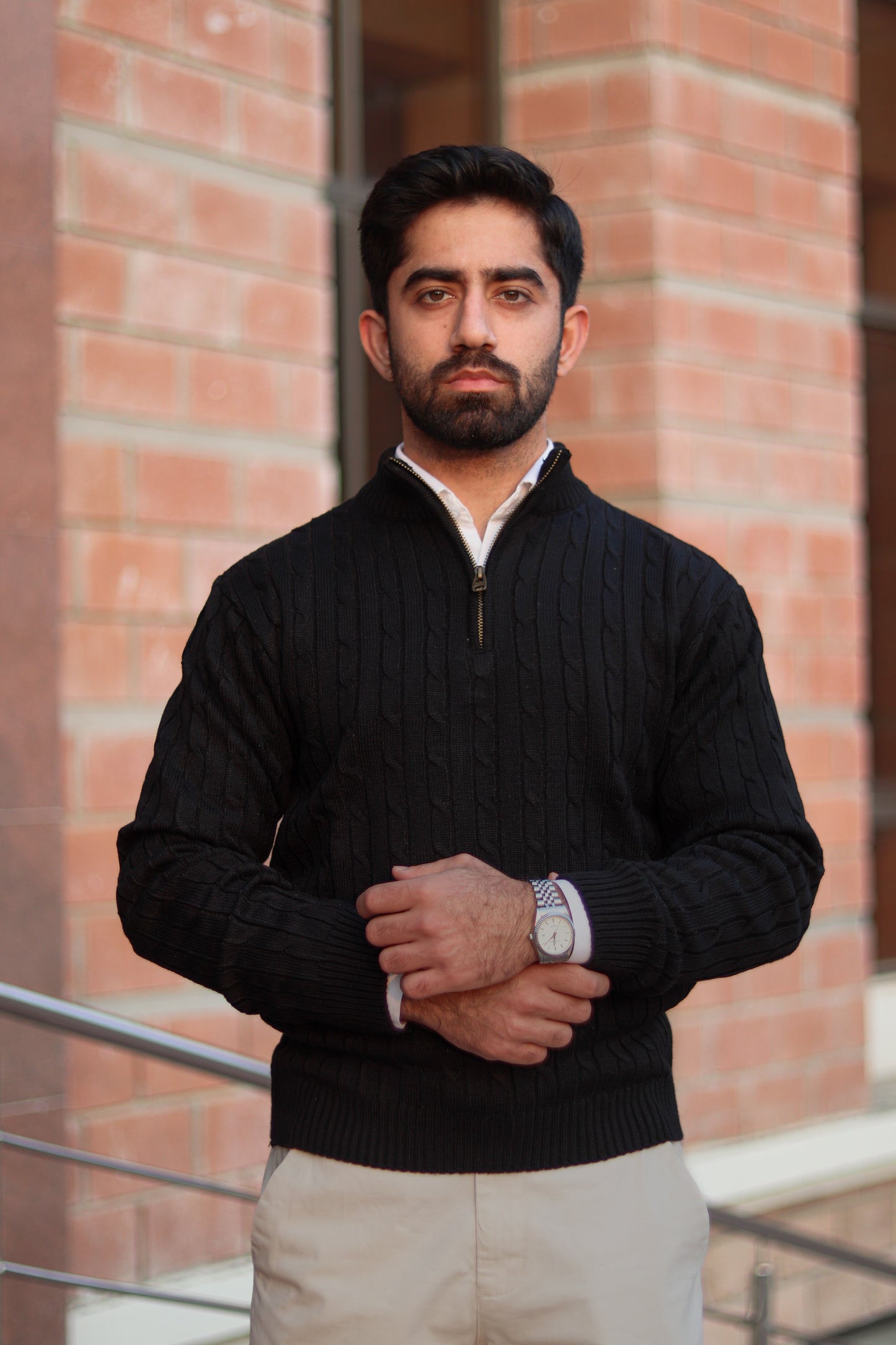 Black Cable-Knit Quarter-Zip Sweater