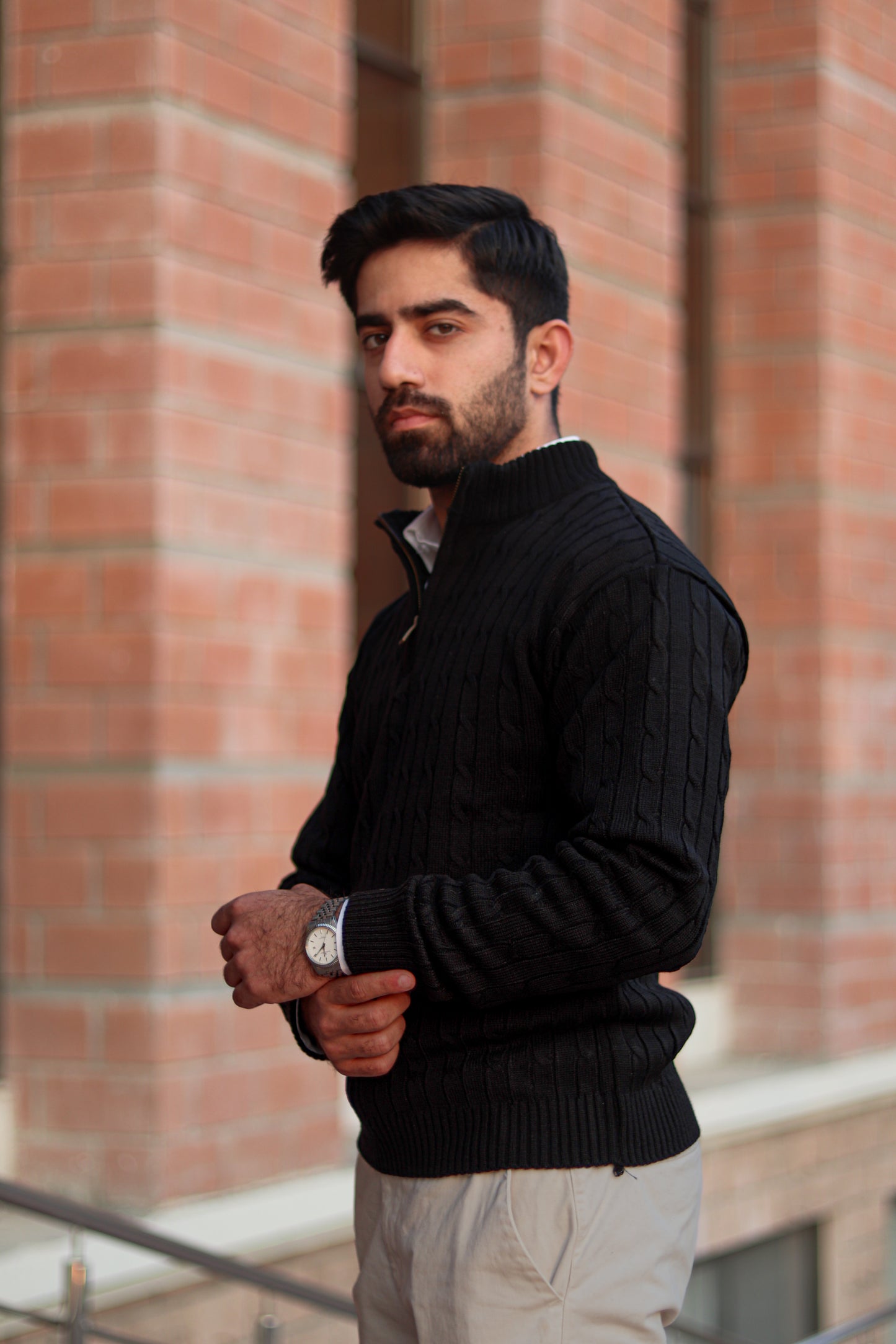 Black Cable-Knit Quarter-Zip Sweater