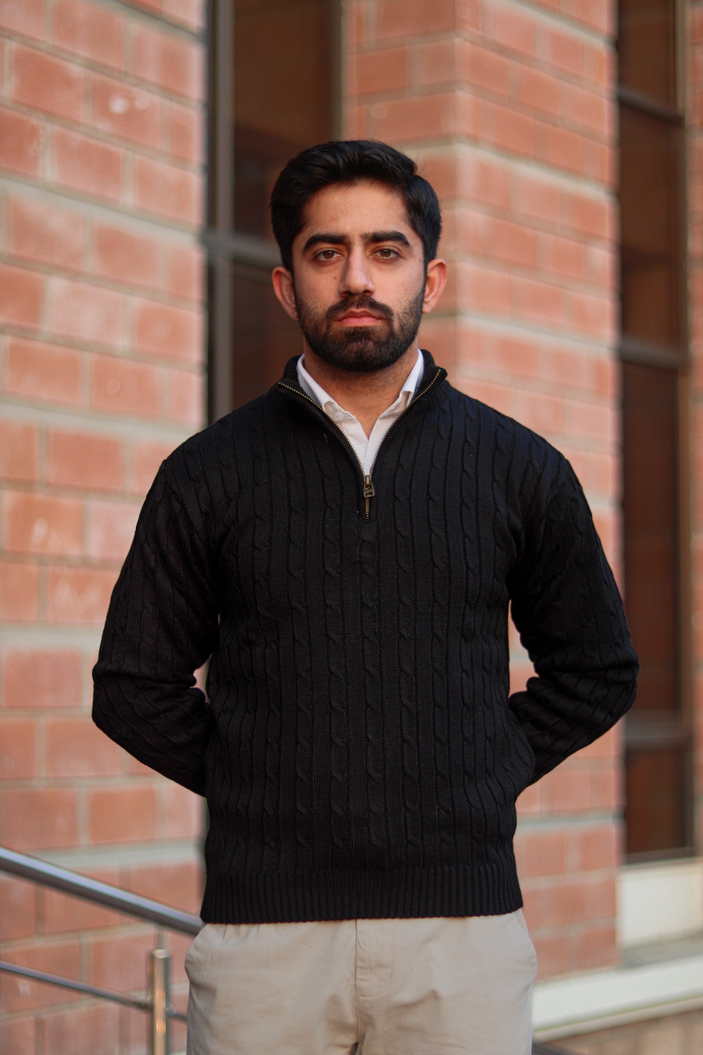 Black Cable-Knit Quarter-Zip Sweater
