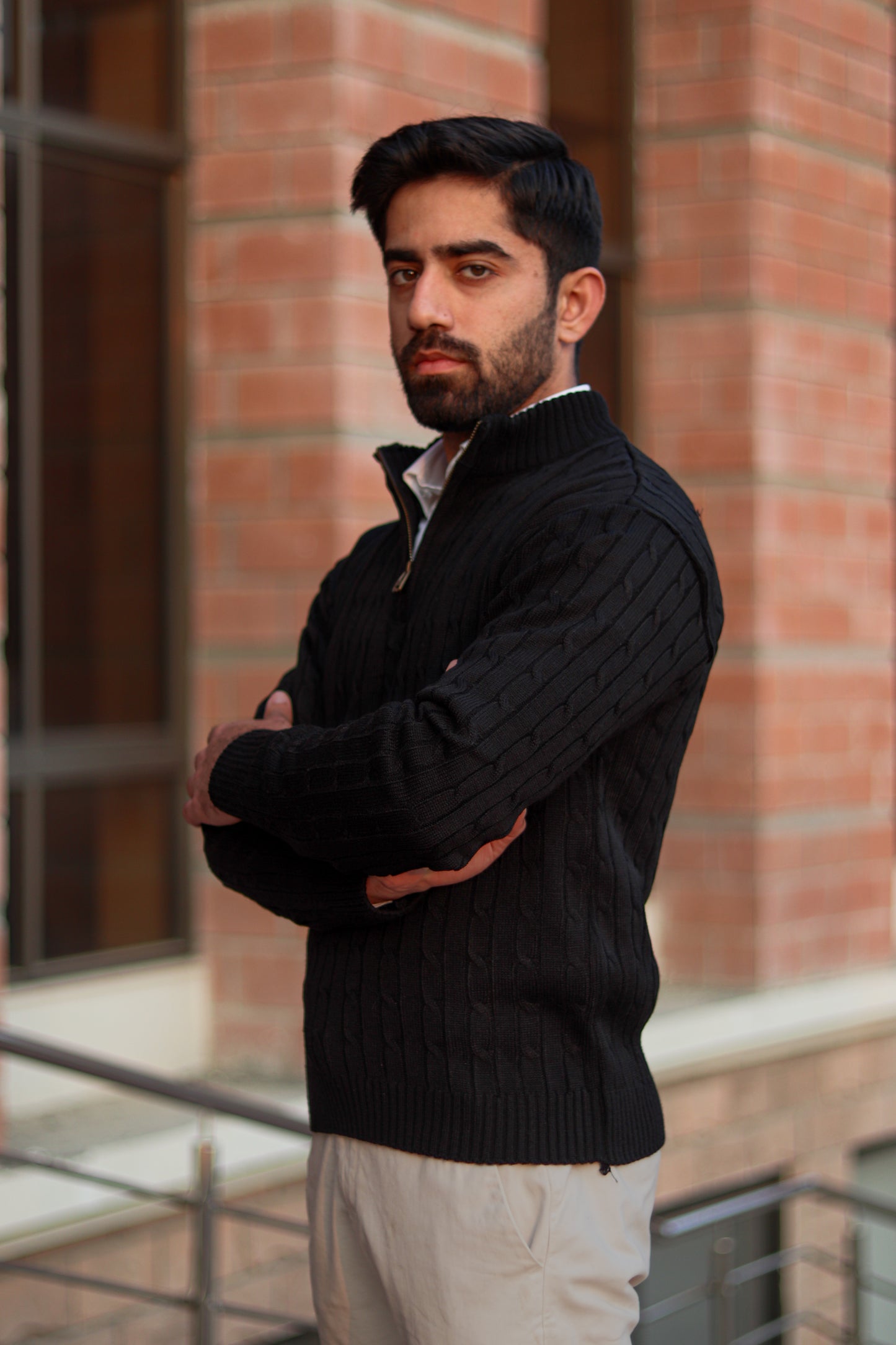 Black Cable-Knit Quarter-Zip Sweater