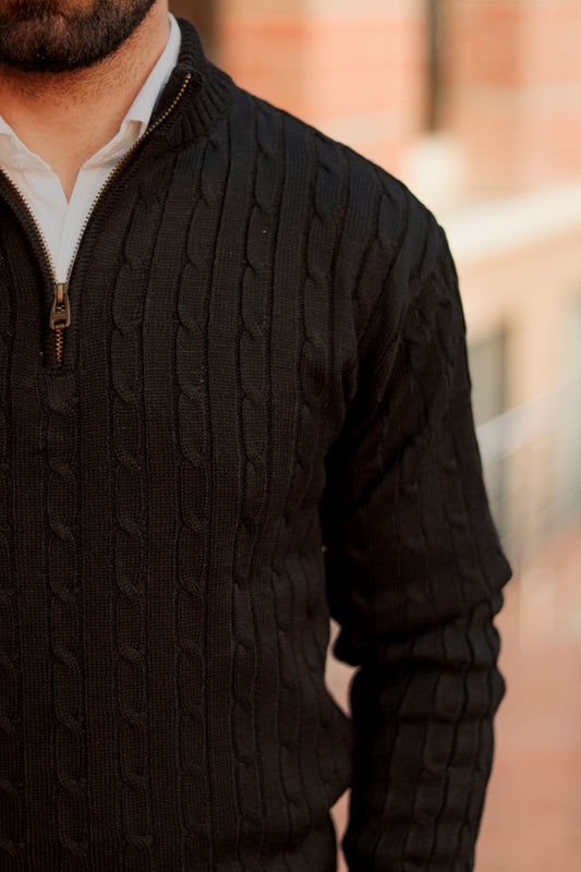 Black Cable-Knit Quarter-Zip Sweater