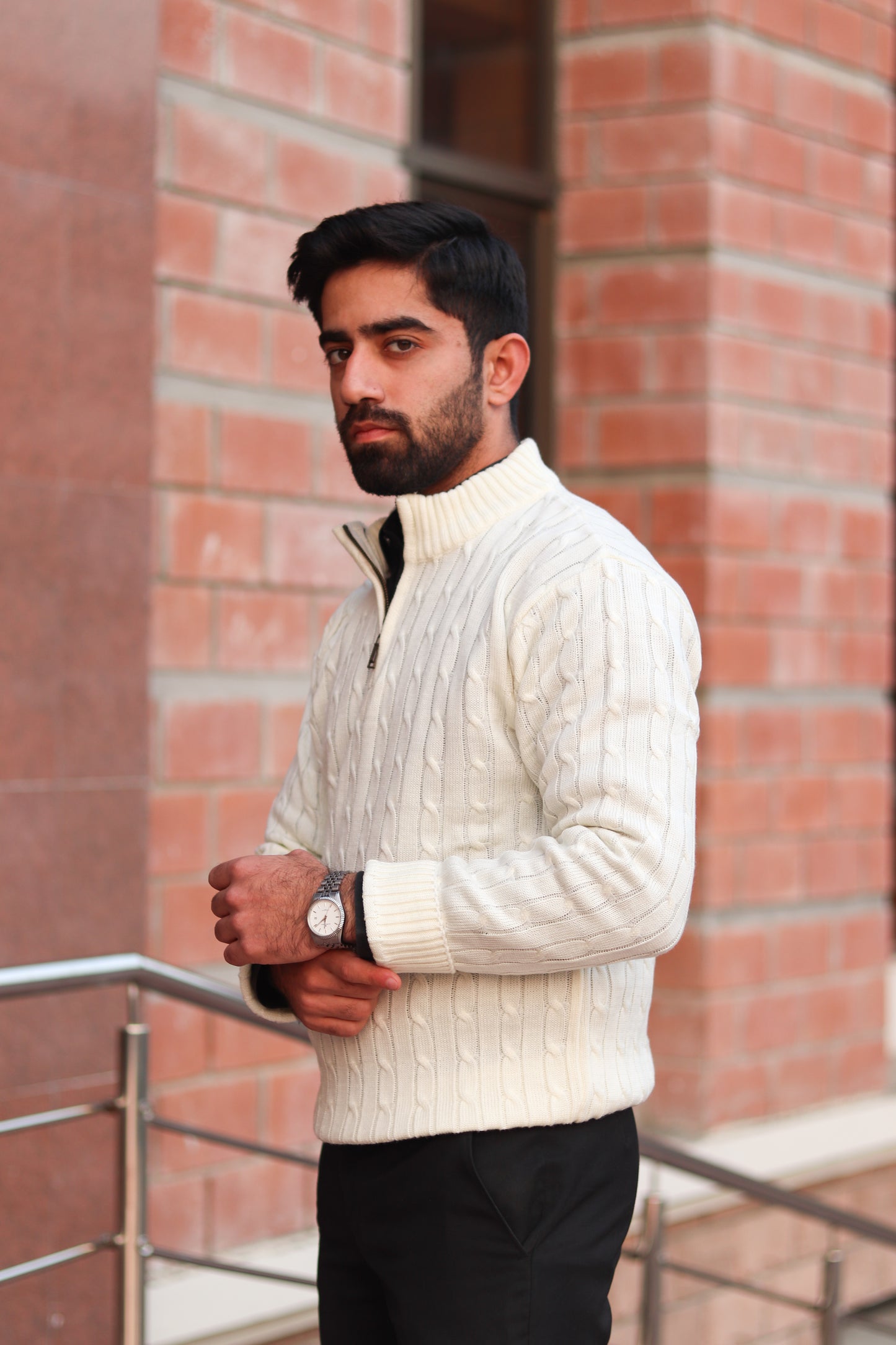 Off-White Cable-Knit Quarter-Zip Sweater