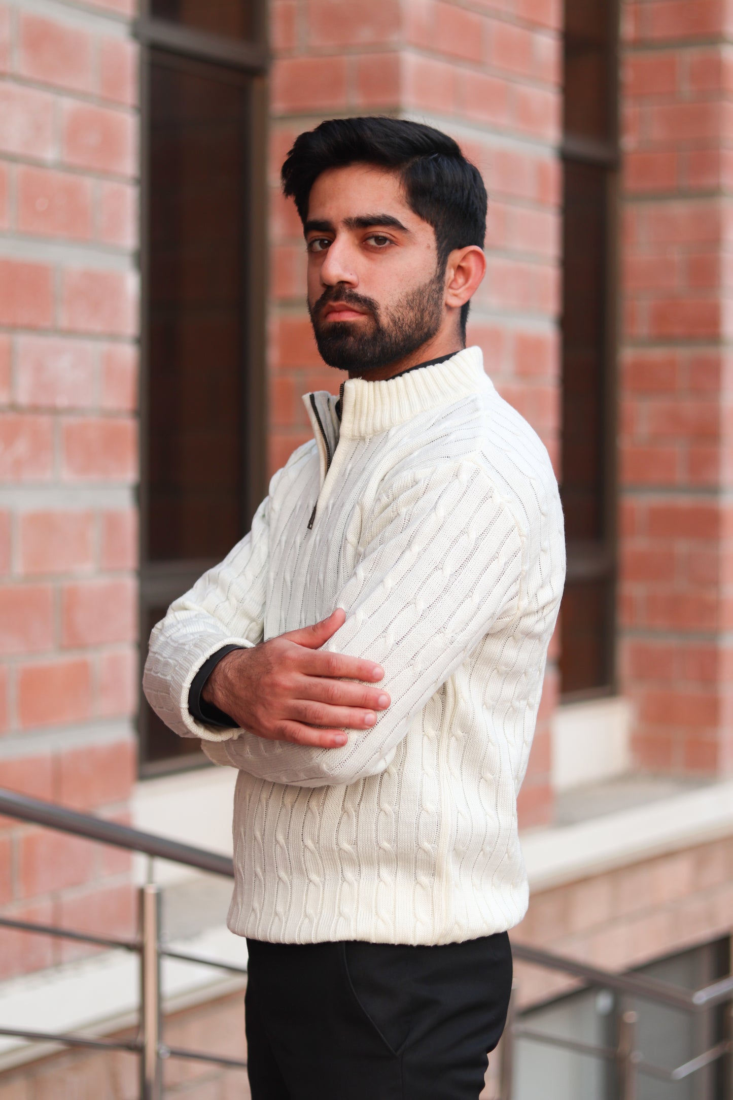 Off-White Cable-Knit Quarter-Zip Sweater