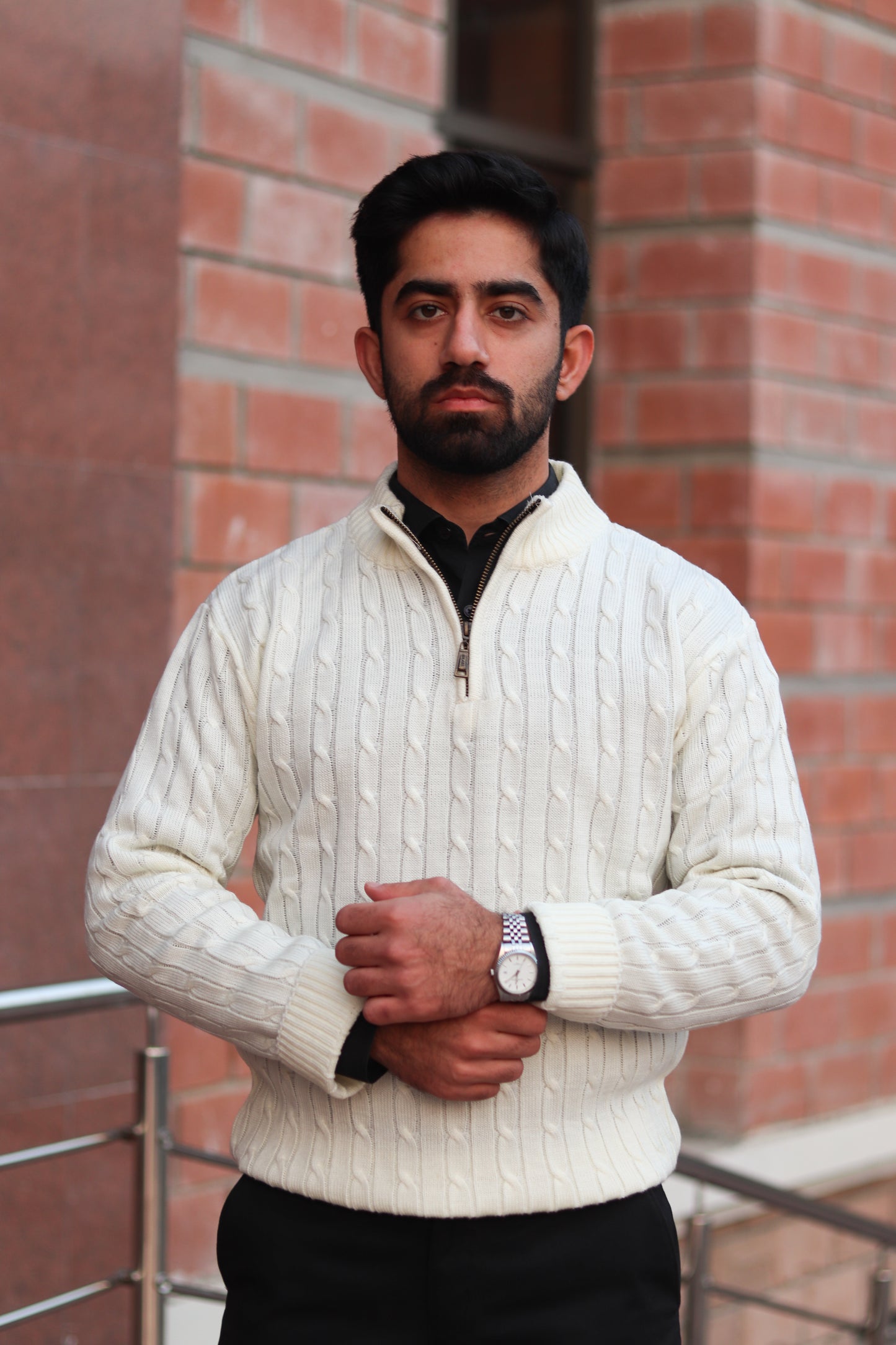 Off-White Cable-Knit Quarter-Zip Sweater