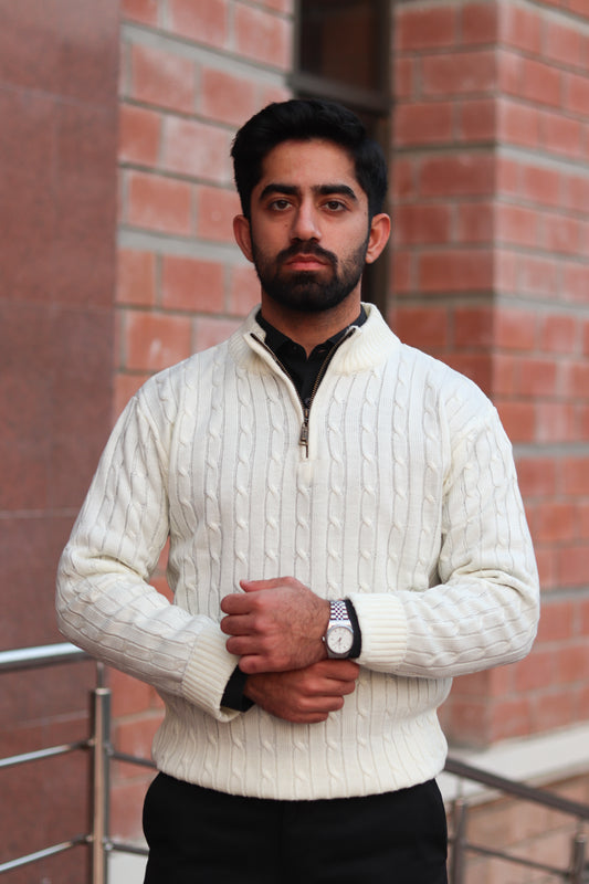 Off-White Cable-Knit Quarter-Zip Sweater