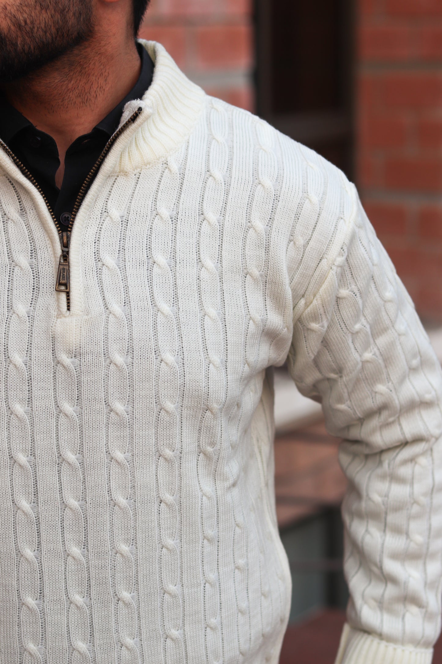 Off-White Cable-Knit Quarter-Zip Sweater