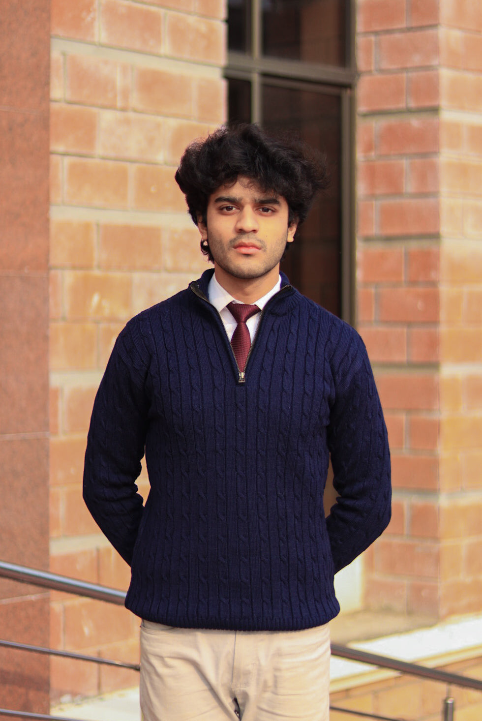 Navy-Blue Cable-Knit Quarter-Zip Sweater