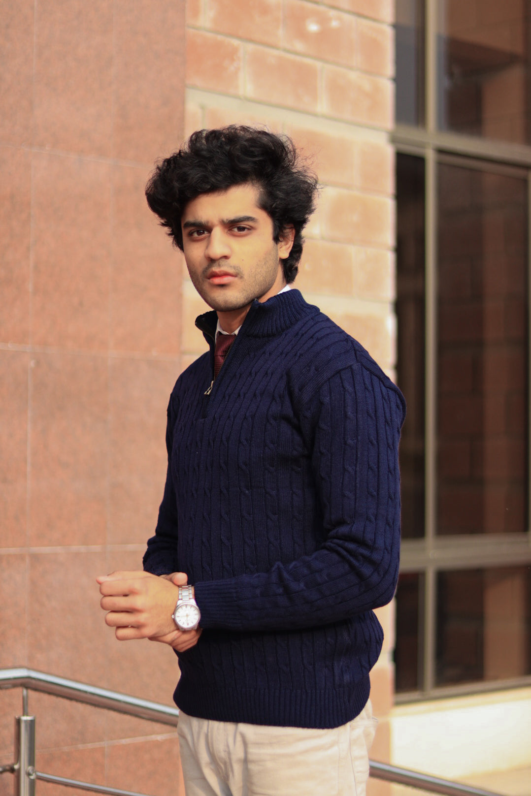 Navy-Blue Cable-Knit Quarter-Zip Sweater