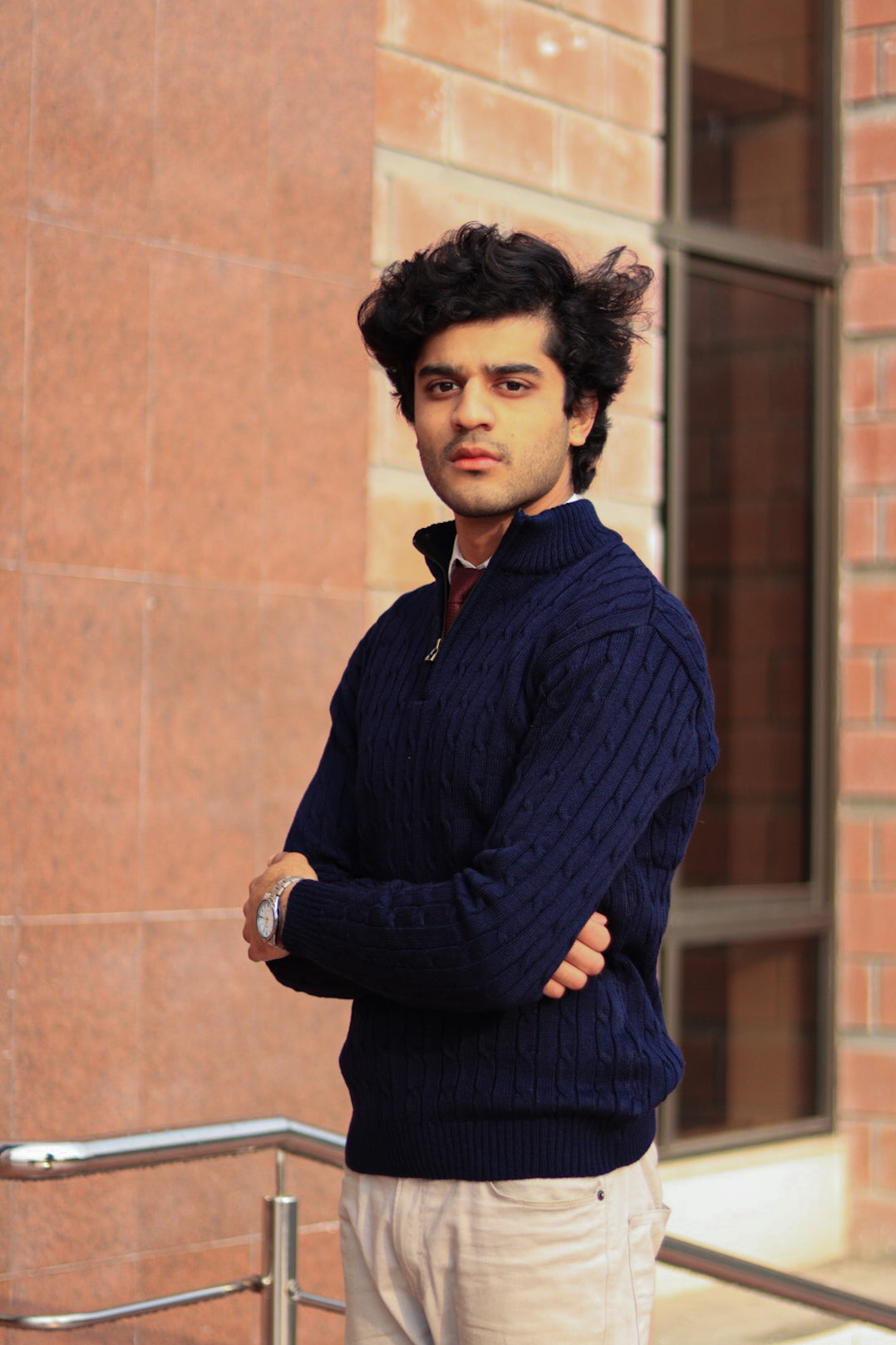 Navy-Blue Cable-Knit Quarter-Zip Sweater