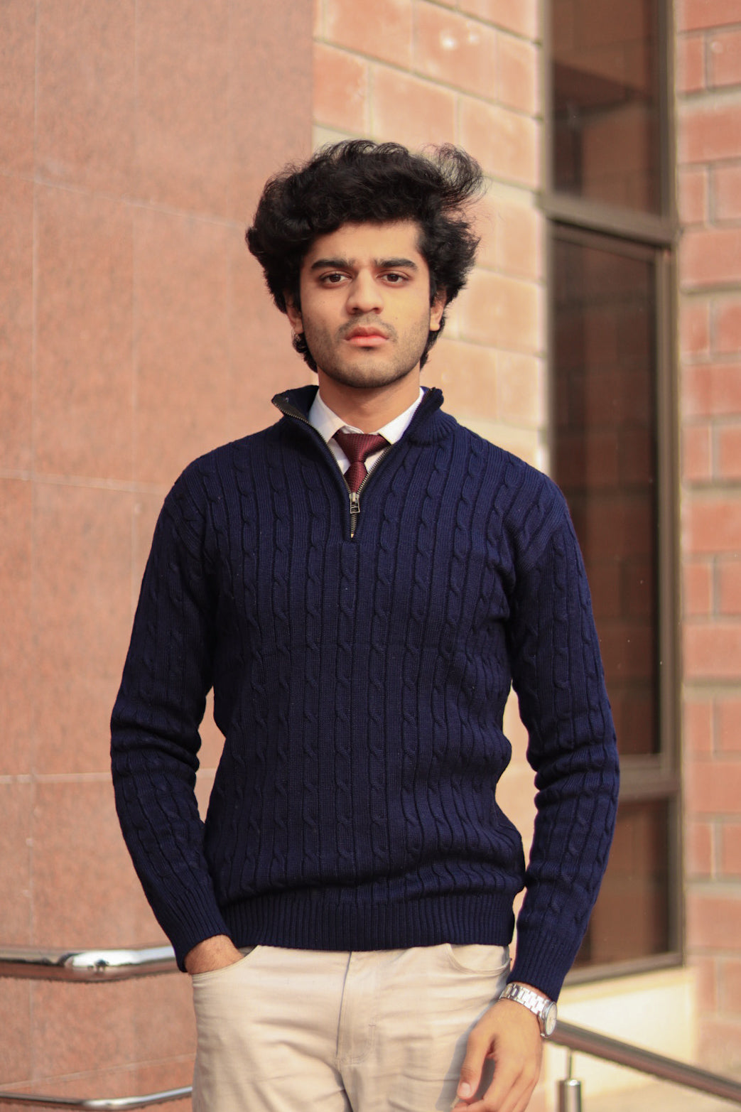 Navy-Blue Cable-Knit Quarter-Zip Sweater