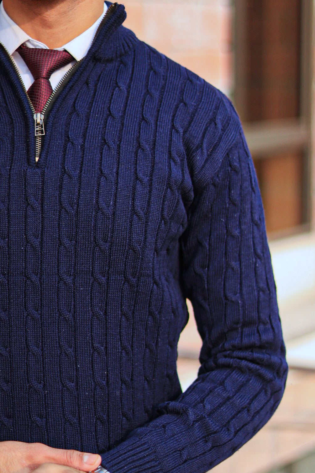 Navy-Blue Cable-Knit Quarter-Zip Sweater