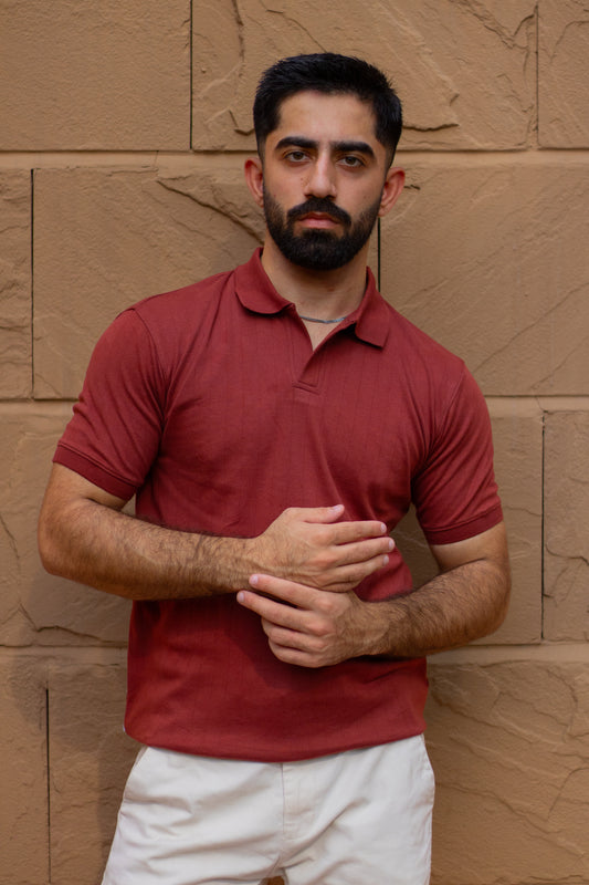 Rust Knitted Drop-Needle V-Neck Polo