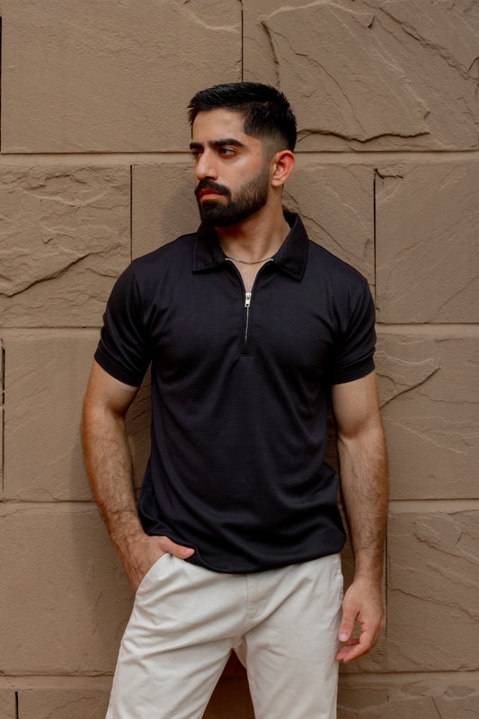 Black Waffle Knit Zipper Polo
